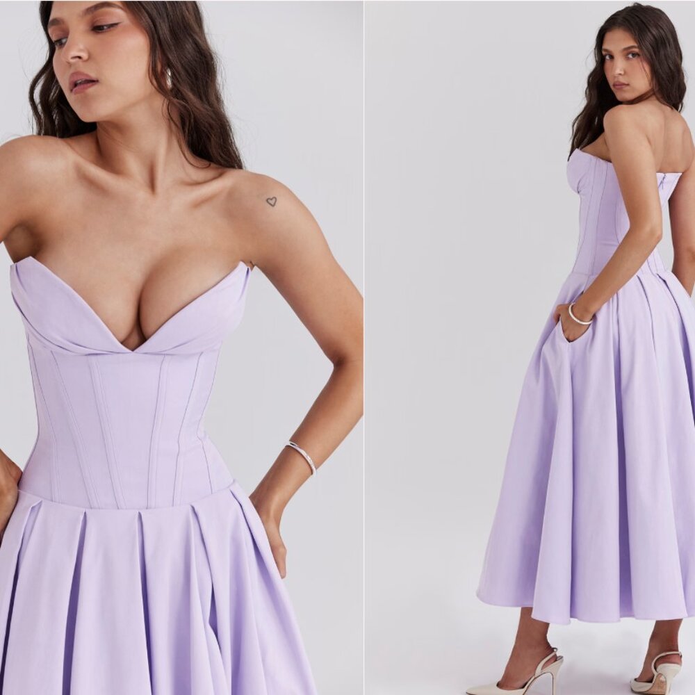 HOUSE OF CB 'Lady' Orchid Twill Strapless Tulle Midi Dress NWOT - Picture 2 of 5